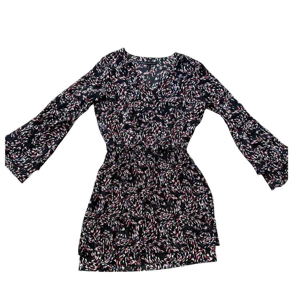 White House Black Market Pink Blue Abstract Print Bell Sleeve Studded Dress 6